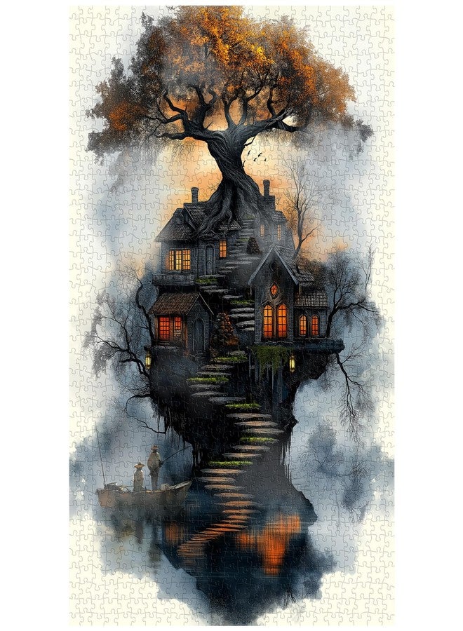 PPuzzling Fantasy Treehouse Puzzles for Adults 1000 Pieces, Nature Tree Art Jigsaw Puzzle with Forest Cottage, Sunset Sky, Dreamy Lake Aesthetic Puzzle, Hard Challenging Puzzle for Adults - Image 2